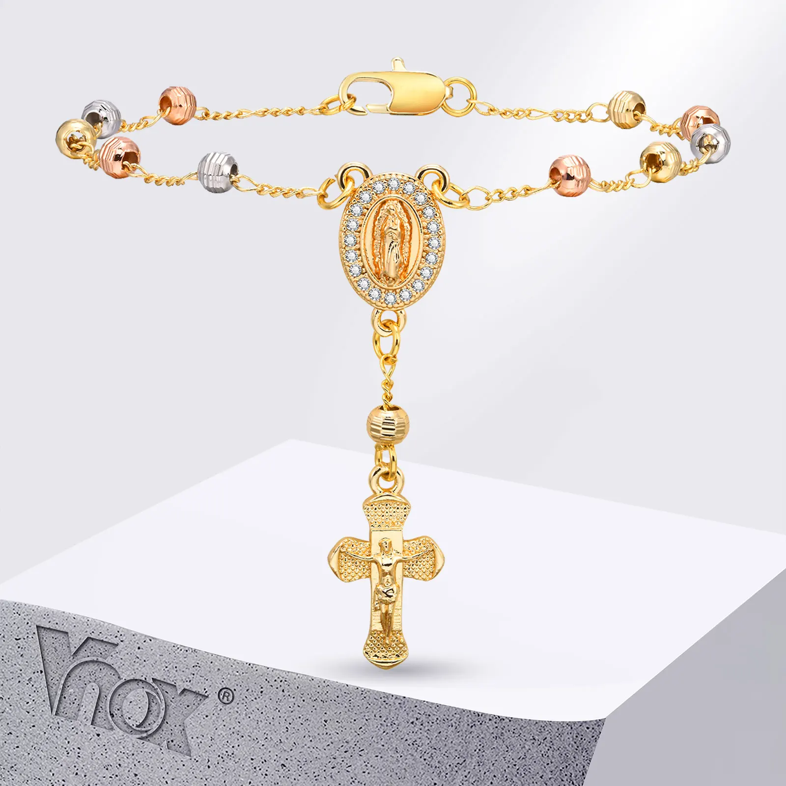 Vnox Virgin Mary Rosary Bracelets for Women Grils, Coin Jesus Christ Charm Pendant Bracelet, Religon Faith Church Jewelry