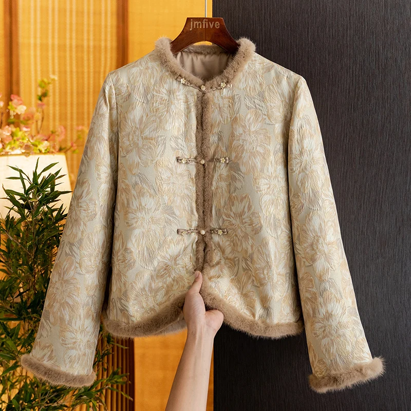 New Chinese-Style Silk Warm Padded Mink Fur Coat for Women 2026 Winter New Fashion Retro Tang Suit Top for Women