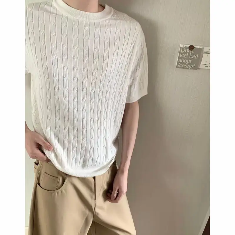 Summer Crew Neck Twist Knitted Short Sleeve T-Shirt Men's Solid Color Versatile Casual Half Sleeve