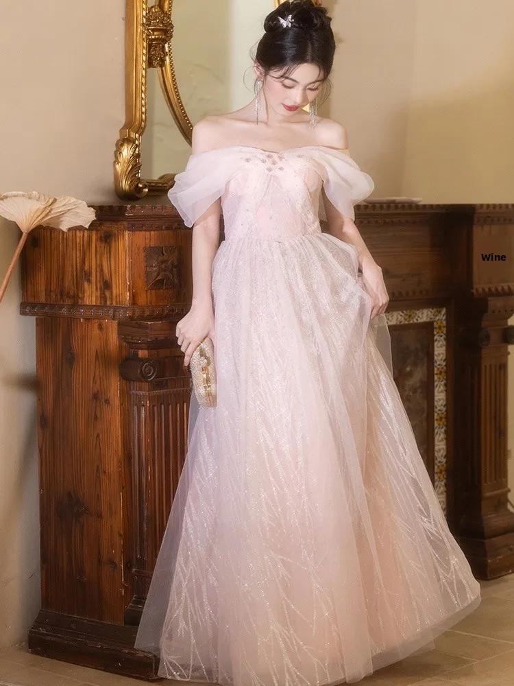

Ele Pink Evening Gown Women's New 2026 High-End Luxury Dr for Adult Parties Host Korean Sle Beaded mid Waist Long...