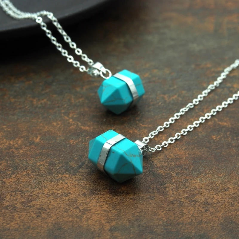 

1Pcs Blue Faceted Irregular Hexagon Double Terminated Point Silver Plated Link Chain Stone Howlite 18x23mm Jewelry