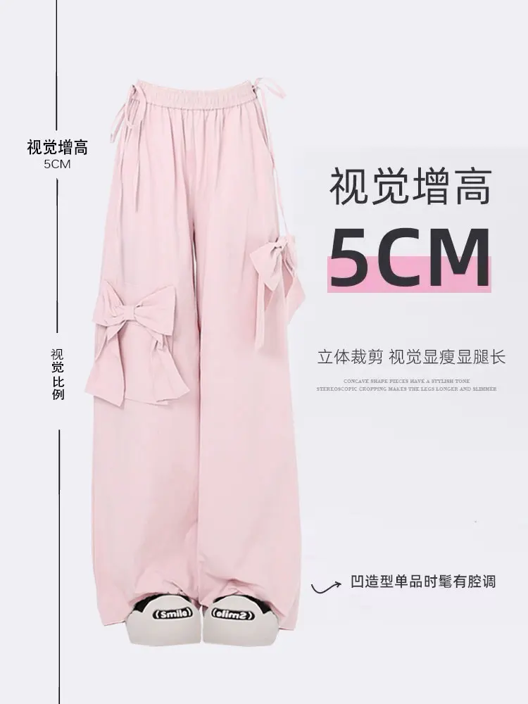 Women Oversize Y2k Cargo Pants Baggy Vintage Streetwear Harajuku Pink Bow Pants High Waist Wide Leg Trouser 2000s Trashy Clothes