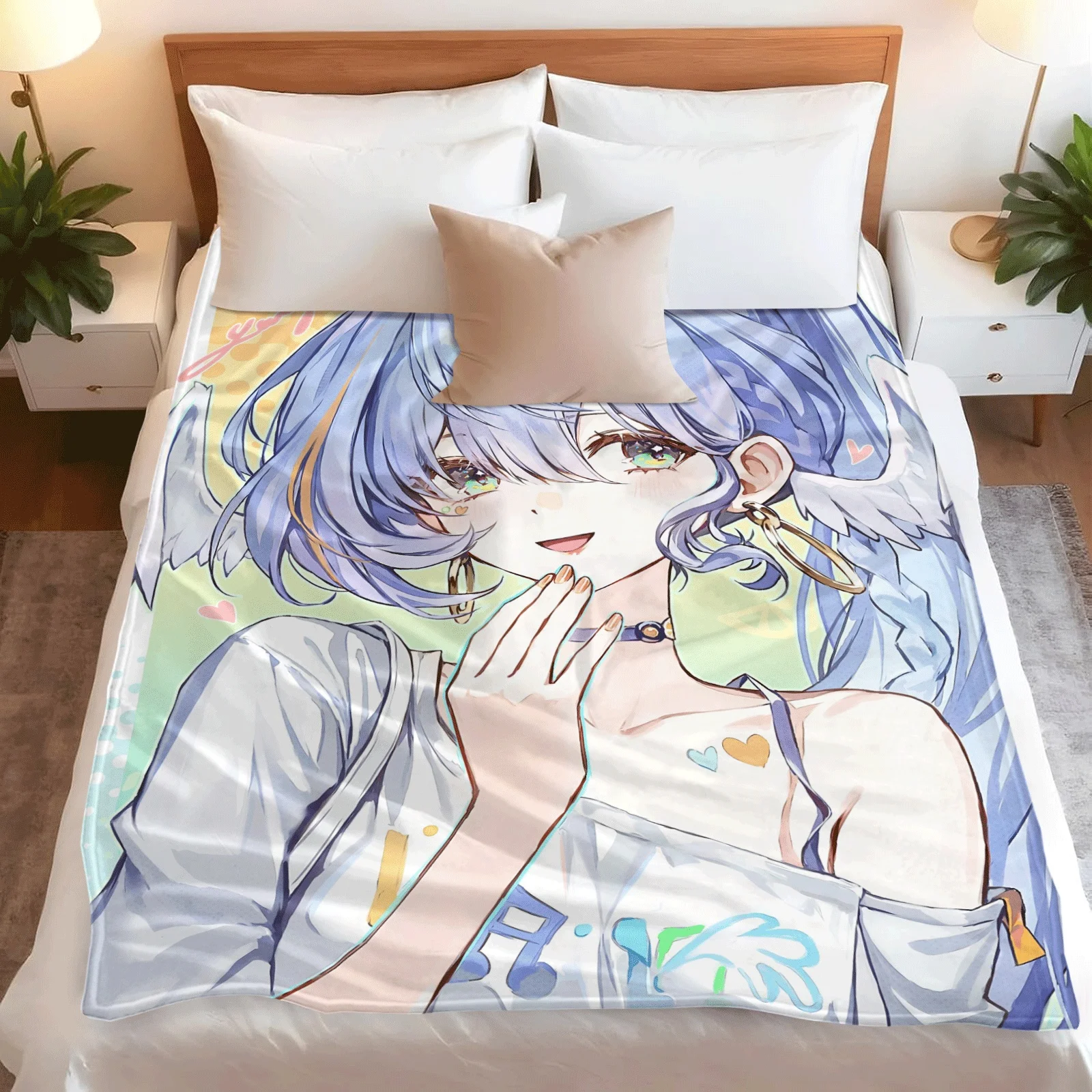 Anime Flannel Throw Blanket Robin Print Light Blue Hair Girl Angel Wings Warm Sofa Bed Blanket Fan Gift