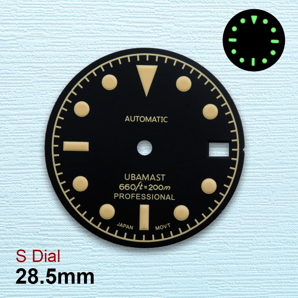 28.5mm S Logo quadrante retrò nero adatto per NH35/NH36/4R/7S movimento giapponese verde luminoso Fit 3/3.8 accessori per orologi