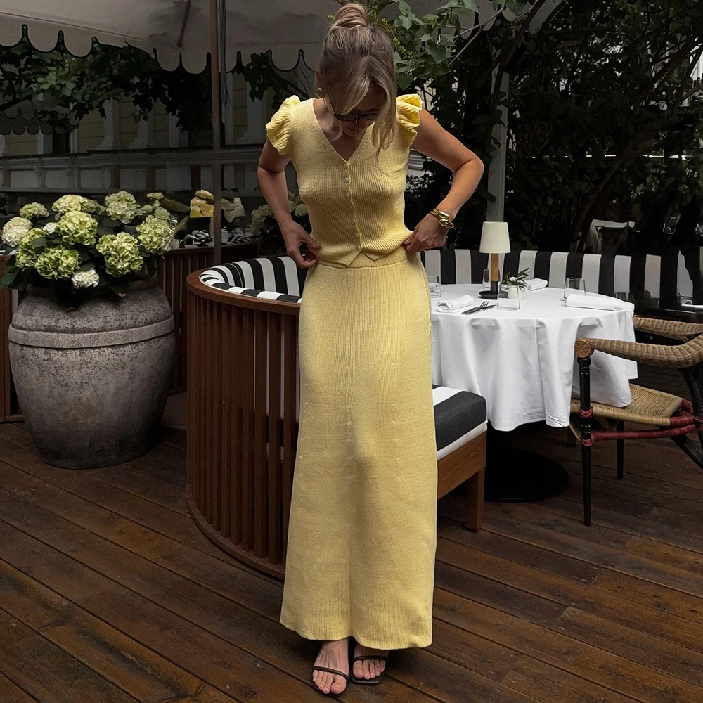 

Tuularose Elegant Knitted Skirts 2-Piece Set Summer V-Neck Cardigan Vest Bodycon Solid Skirts Sets New Casual Women's Dress Set