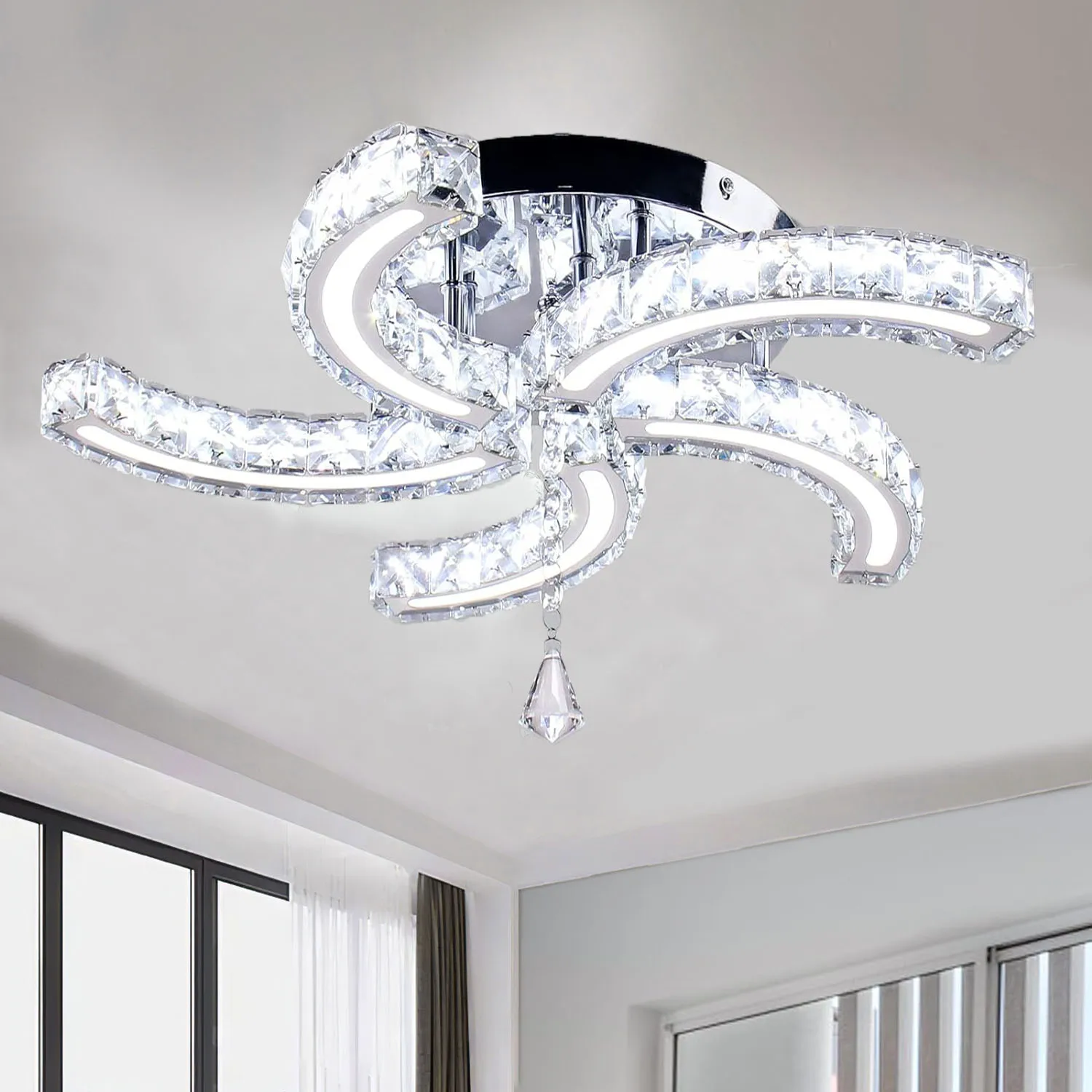 Plafonnier LED en cristal 24W 50cm, plafonnier en cristal K9 6500K, lustre en acier inoxydable pour salon couloir hôtel
