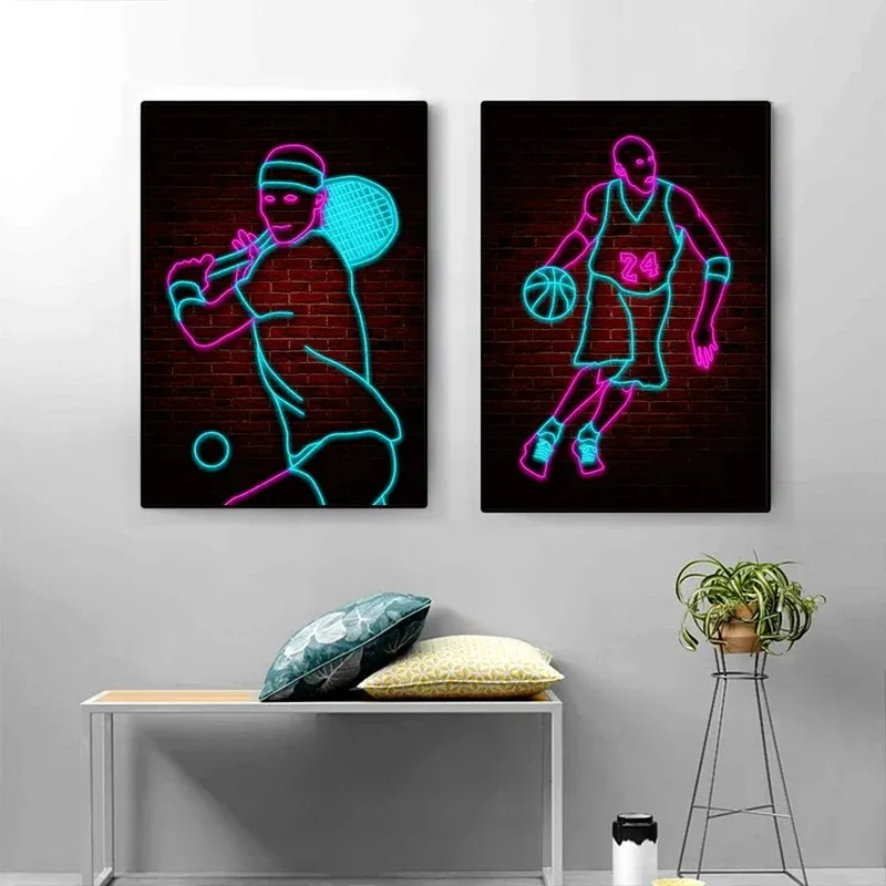 Modern neon lines basketball football sports bedroom sofa background wall canvas painting