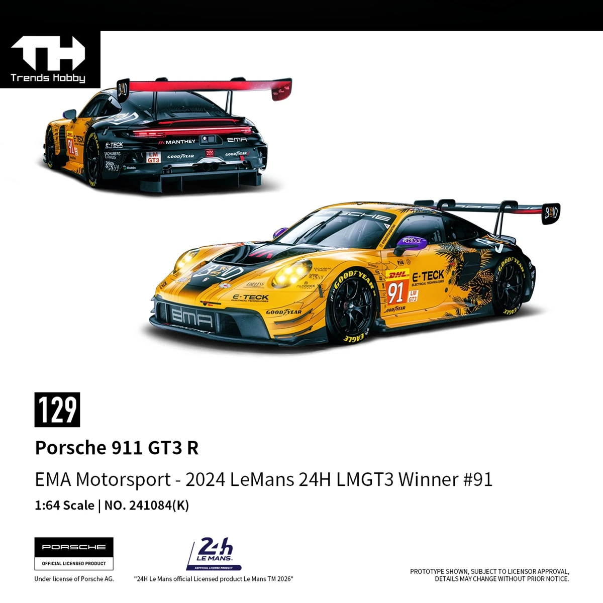 Trends Hobby 1/64 Porsche 911 GT3 R 2024 LeMans 24H LMGT3, Modelo de Auto en Miniatura de Carreras, Ruedas Libres, Colección de Autos Fundidos a Presión, Regalo
