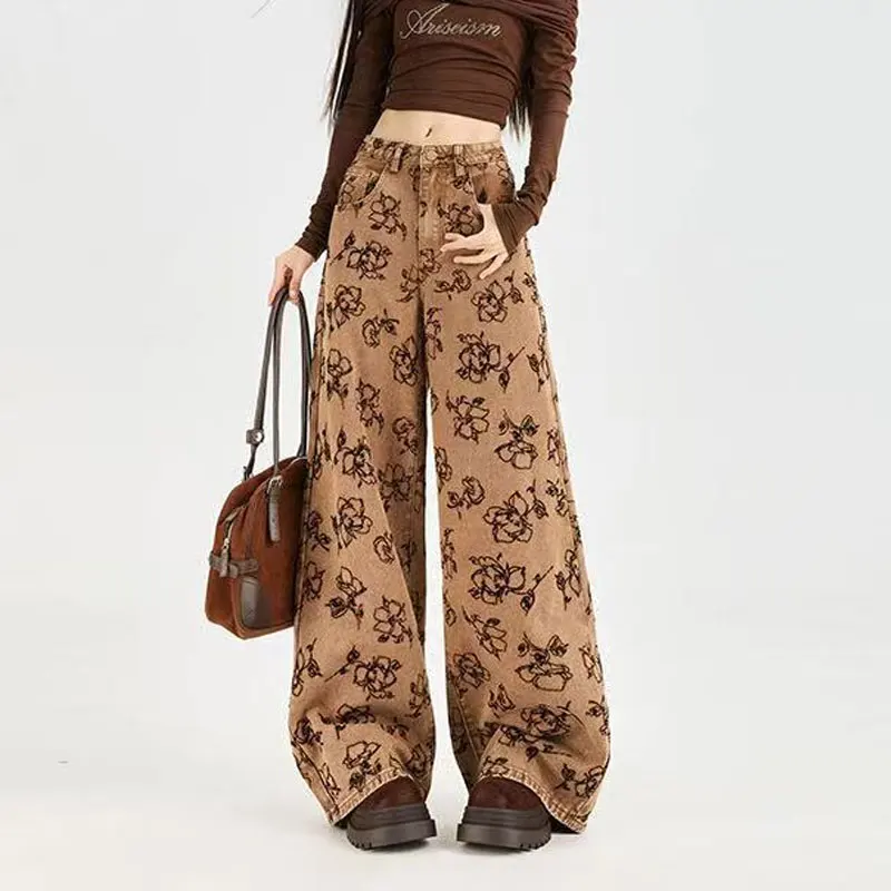 Women Vintage Brown Floral Print Wide Leg Jeans High Waist Loose Baggy Autumn Fashion Floor Length Retro Floral Denim Trousers