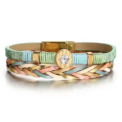 ALLYES Boho Coloful Rope Braided Leather Bracelet for Women Vintage Inlaid Rhinestone Multilayer Wrap Bracelets Jewelry Gifts