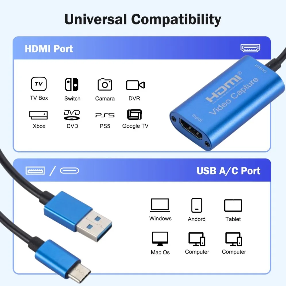 การ์ดจับภาพวิดีโอ USB 3.0 HDMI เป็น us/type-C บันทึกเกม Grabber สำหรับสวิตช์ Xbox PS3/4เกมสดสตรีมมิ่งเครื่องบันทึกวีดีโอ