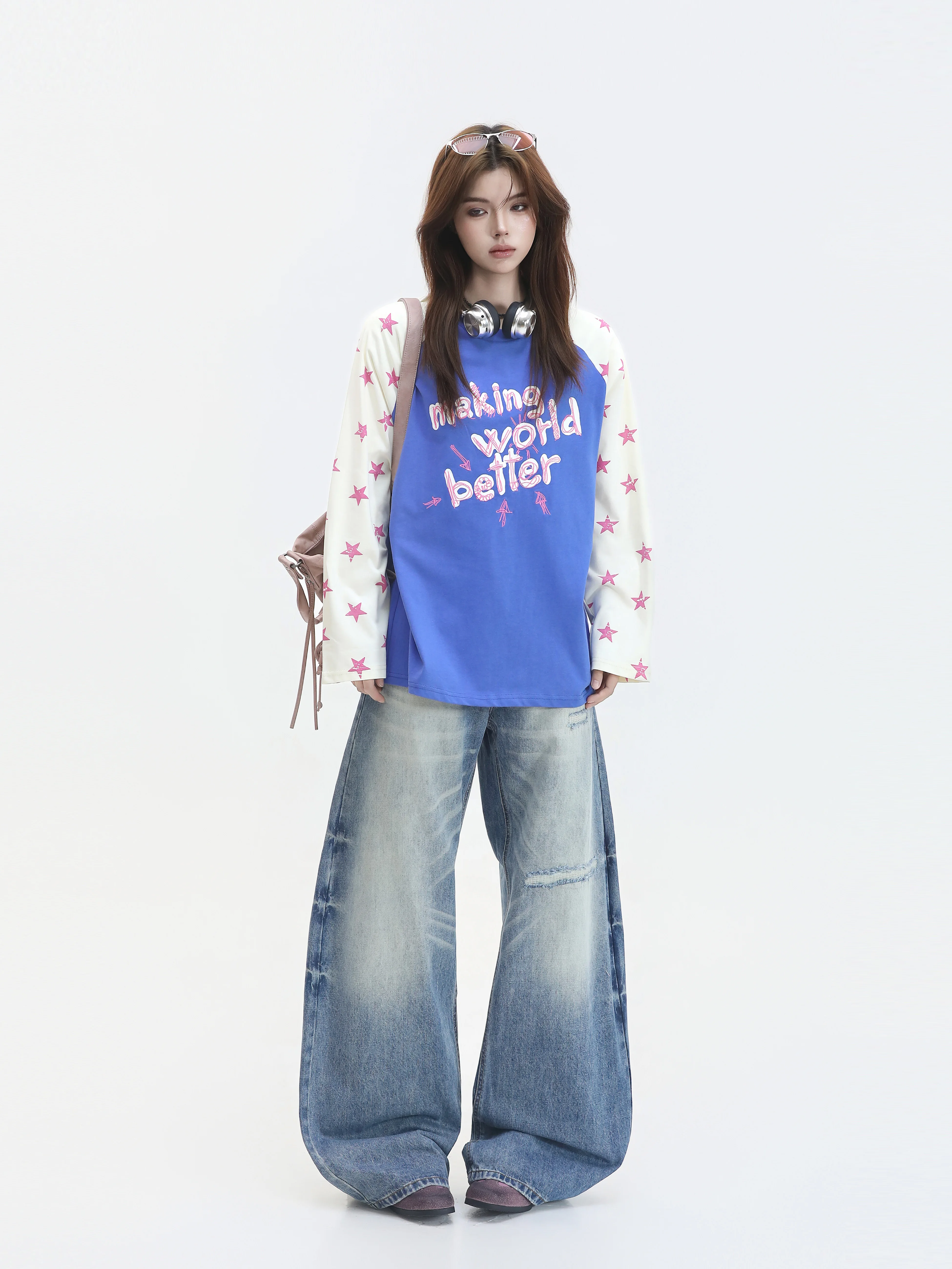 Dopamine Boosting Color Block Graffiti Star Long Sleeve Women's Oversized Base Shirt Korean Style Casual Loose Fit T-shirt