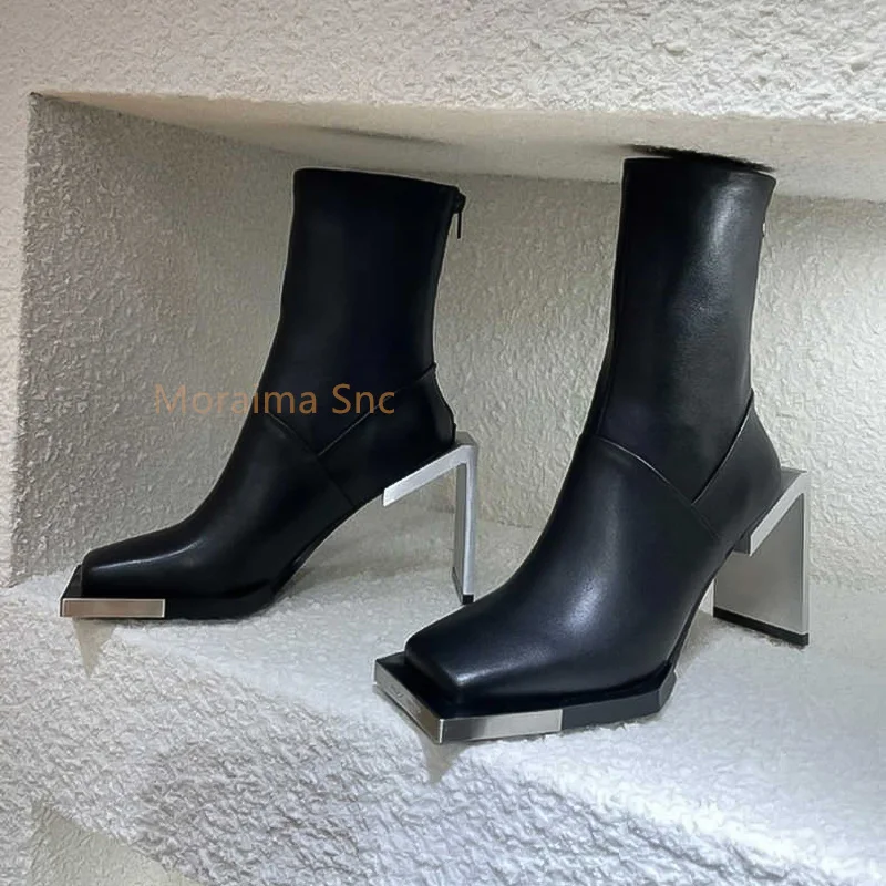 Metal Toe Strange Style Short Boots for Women Fashion Black Square Toe Niche Chelsea Elastic Boots Slim High Heel Ankle Boots