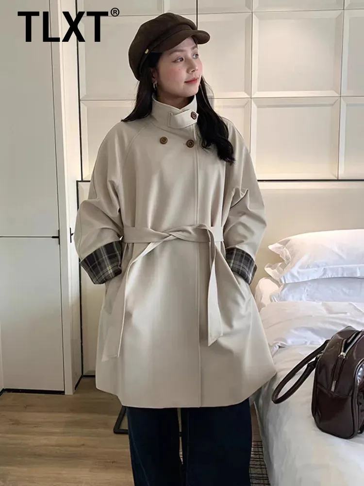 

TLXT модный женский абрикосовый плащ, водолазка свободного покроя, двубортный, с поясом, манжетами, клетчатыми поясами, ветровка, осенняя новинка