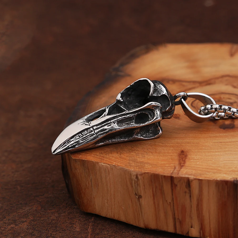Punk Vintage Viking Crow Head Bird Skull Pendant For Men Stainless Steel Animal Chain Necklaces Fashion Jewelry Gifts Wholesale