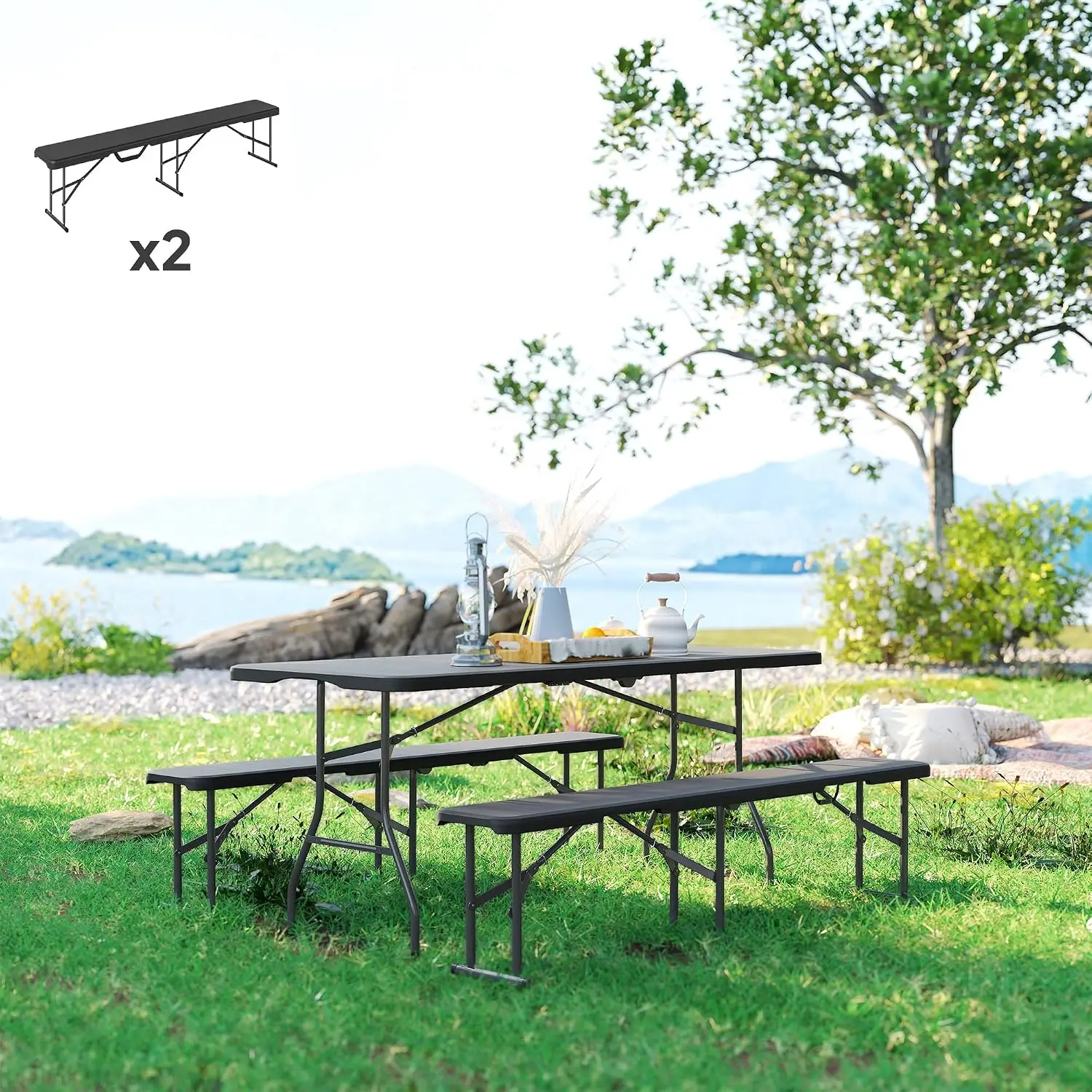 2-Pack 6 Ft. Plastic Folding Benches with Carrying Handle Black | Portable Foldable Bench Seats, Non-Slip Mat, HDPE, Customized