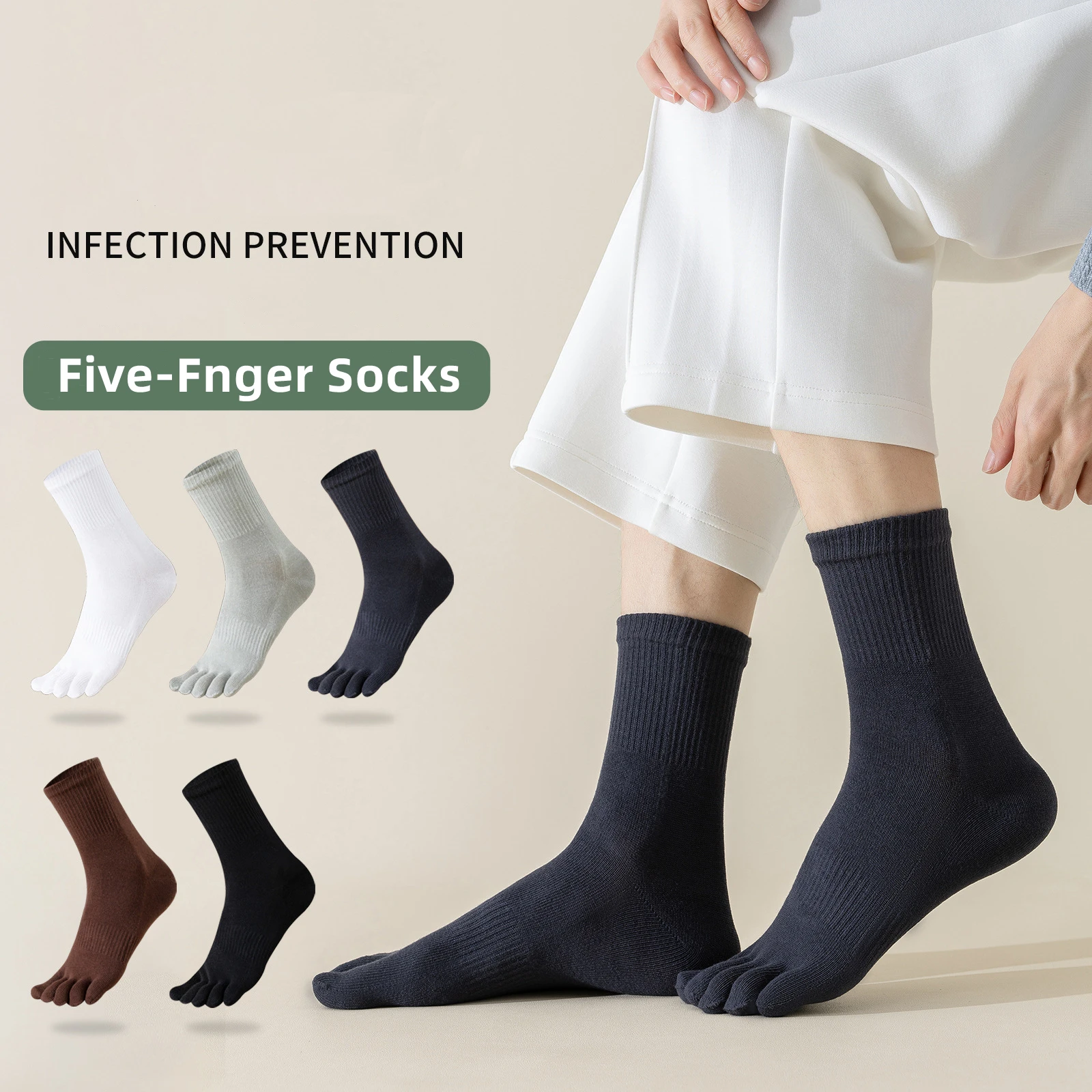 

5 Pairs Men's Toe Socks Black White Gray 100% Cotton Solid Colour Absorbent Toe Sports Tube Five-Finger Socks For Four Seasons