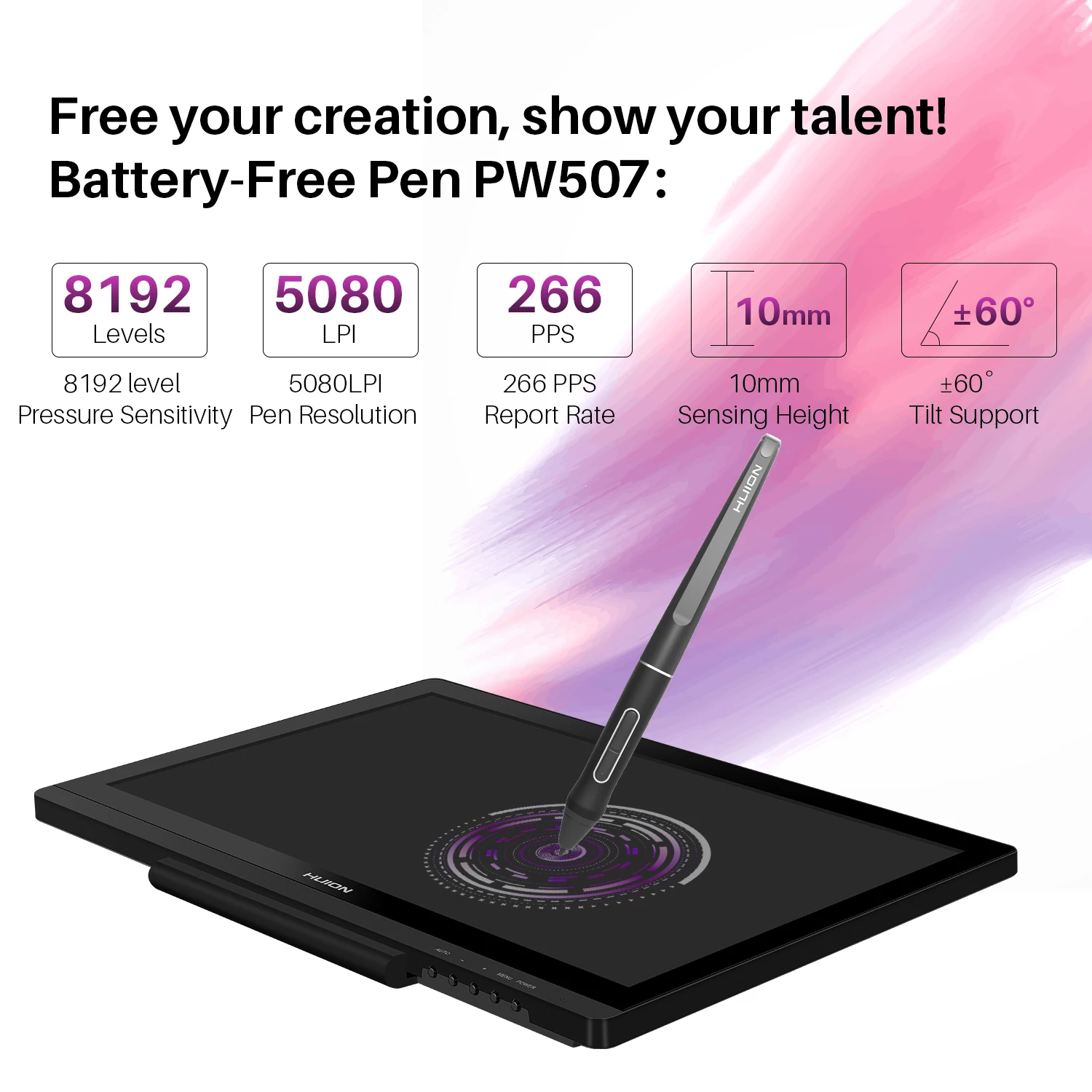 HUION Battery-Free Pen PW507 2 Express Keys Digital Stylus for Drawing Tablet Monitor Kamvas Pro 12/13/16/20(2019), Kamvas 16/20