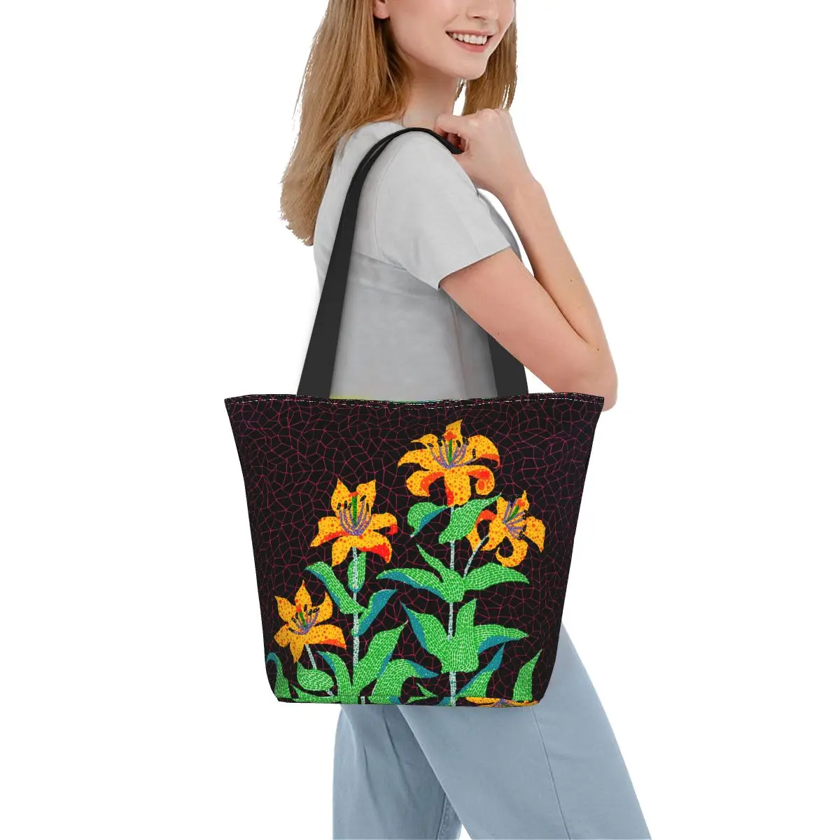 Custom Yellow Flowers Bloom Yayoi Kusama Groceries Shopping Bag Canvas Shopper Tote Shoulder Bag Large Capacity Durable Handbag