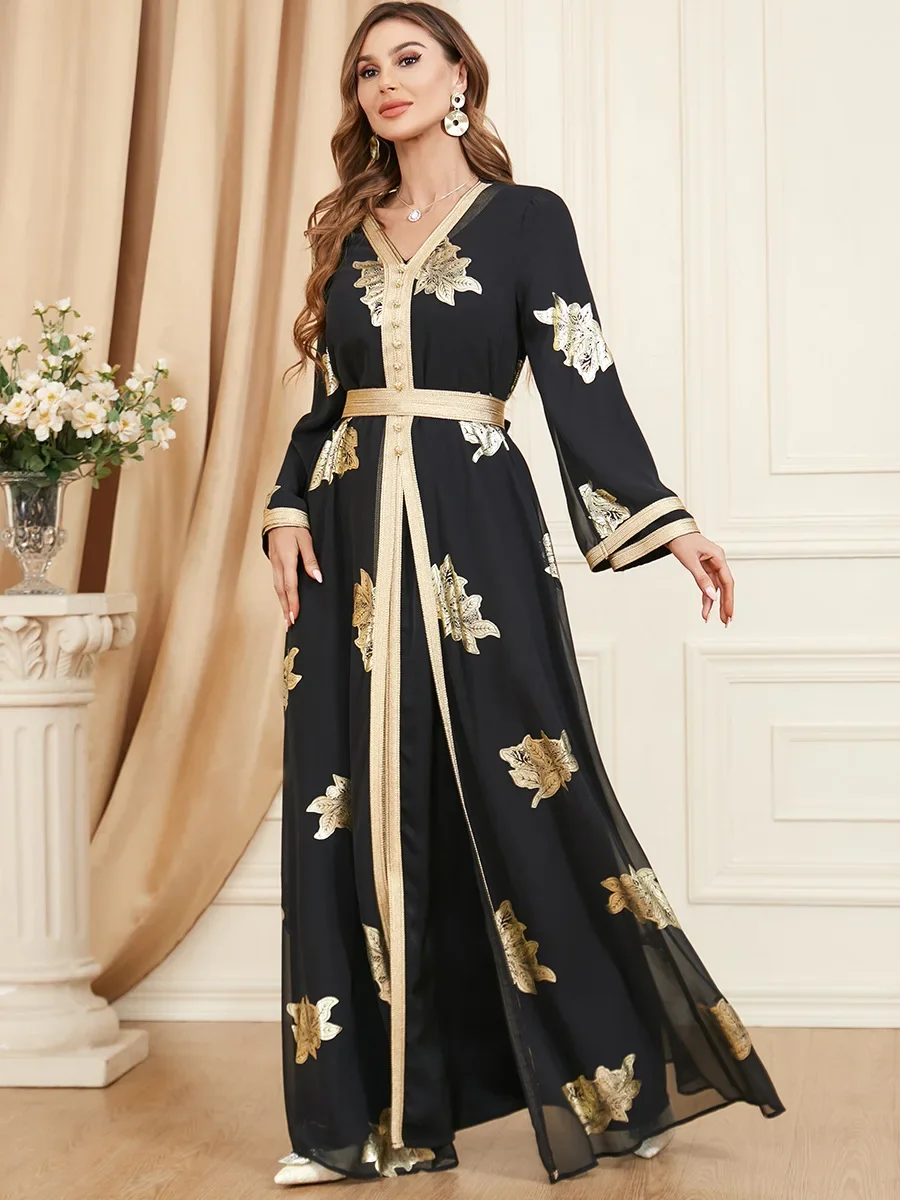 Eid Abito musulmano Abaya Donna 2 pezzi Set Marocco Abiti da festa Ramadan 2025 Cintura Caftano Abiti Maxi Abaya Set Abito elegante