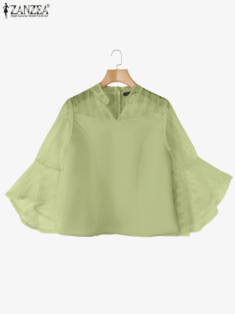 

ZANZEA Women Lace Shirts Elegant Office Lady Blouses 2025 Sexy V-Neck Casual Patchwork Summer Tops Casual See-through OL Blusas