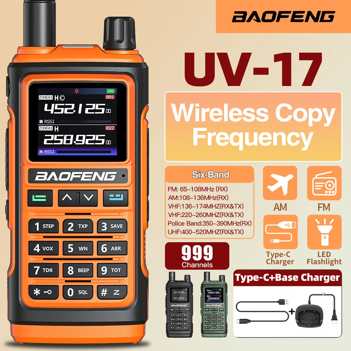 1PC Baofeng UV-17 Walkie Talkie Air Band FM Long Range Radio Handheld  Two Way Ham Radio Five Bands Receive Tri-Band Transmit FM