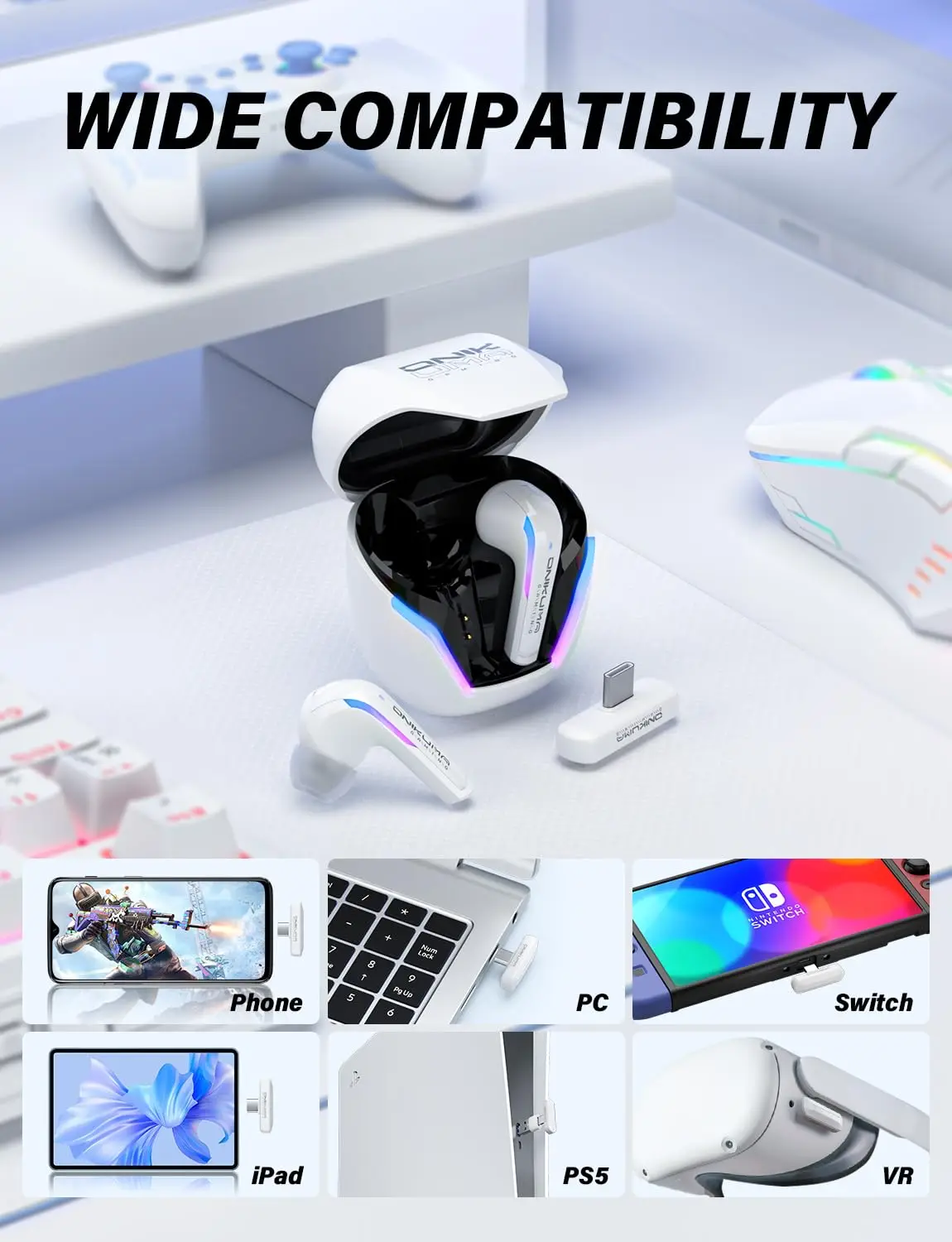 ONIKUMA T27 سماعات لاسلكية 2.4 جيجا هرتز سماعات أذن مزدوجة الوضع الكمون المنخفض سماعة الألعاب مع صندوق شحن سماعات التحكم باللمس RGB