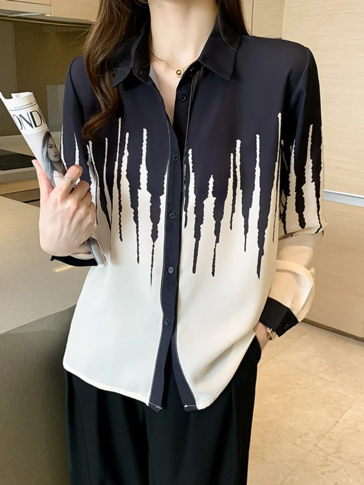 

Trendy Versatile Basic Women Shirt 2026 New Spring Casual Lapel Color Block Chiffon Blouse Korean Long-sleeved Base Layer Top