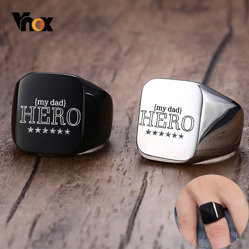 Vnox-Anillo de sello personalizado de HERO DAD para hombres, acero inoxidable negro, anillo de sello Punk, regalo significativo del Día del Padre, cumpleaños