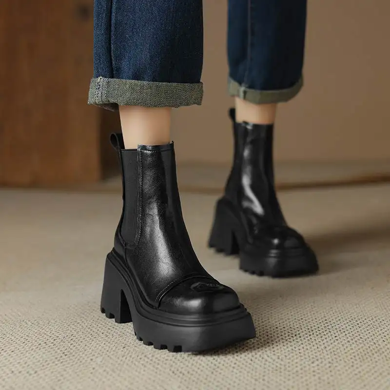 Krazing Pot Cow Leather Vintage Thick High Heels Round Toe Winter Warm Western Boots British Preppy Style Platform Ankle Boots