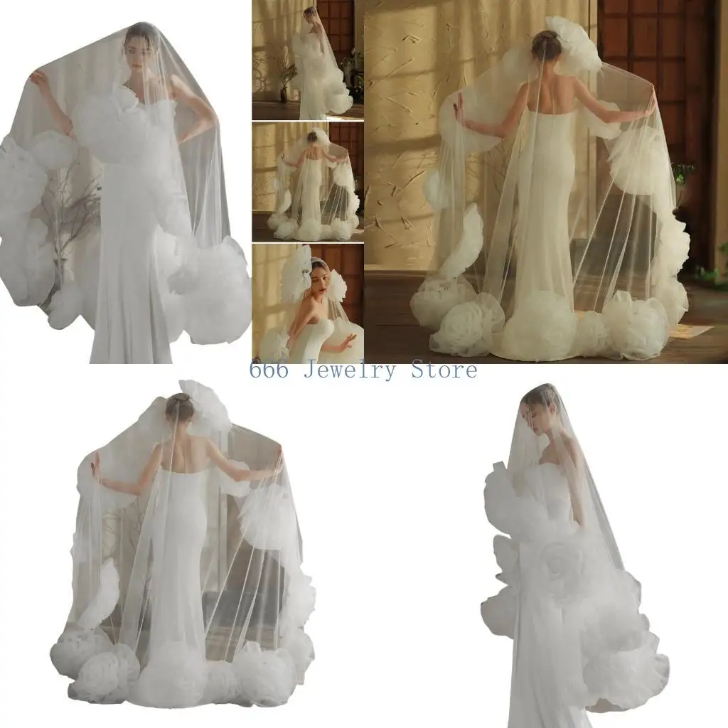 

F2TD Popular 3 Meter Wedding Veil with Oversized Rose Flower Decors Long Drop Veil for Bridal Beach Wedding Photography