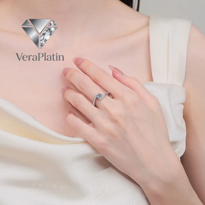 

VeraPlatin Lover Valentine's Day 18K White Gold Girl Birthday Gift Offset Rings 0.5CT Moissanite Diamond PT950 Platinum Women We