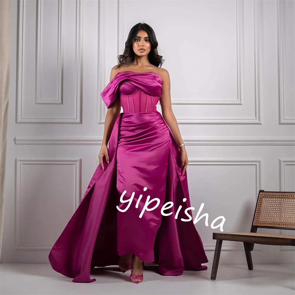 Robe midi de soirée en satin plissé, tenue de Rhde standing à épaules dénudées, sur mesure