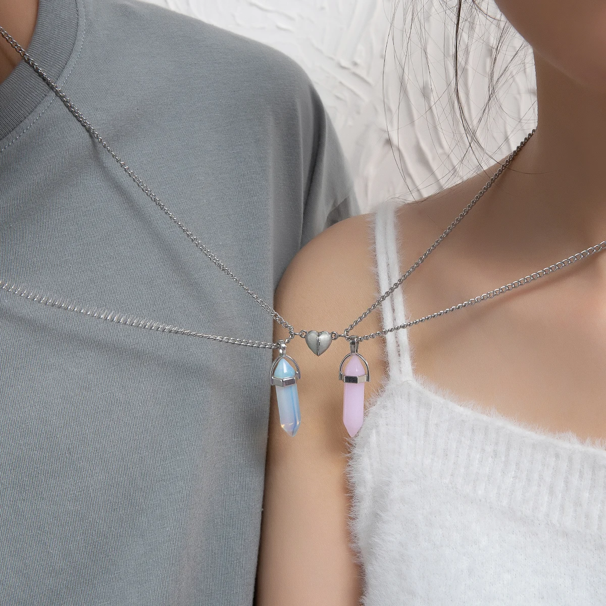 Luminous Grey Heart Pink White Hexagonal Column Couple Necklaces Glowing Dual-tone Jewelry for Men And Women