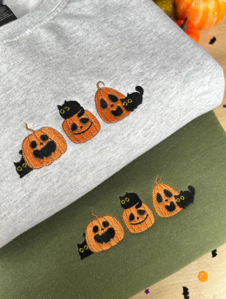 

Halloween Elements, Halloween Cats & Pumpkins Embroidered Sweatshirt,Women' Crewneck,Halloween Embroidered Shirt,Halloween Shirt