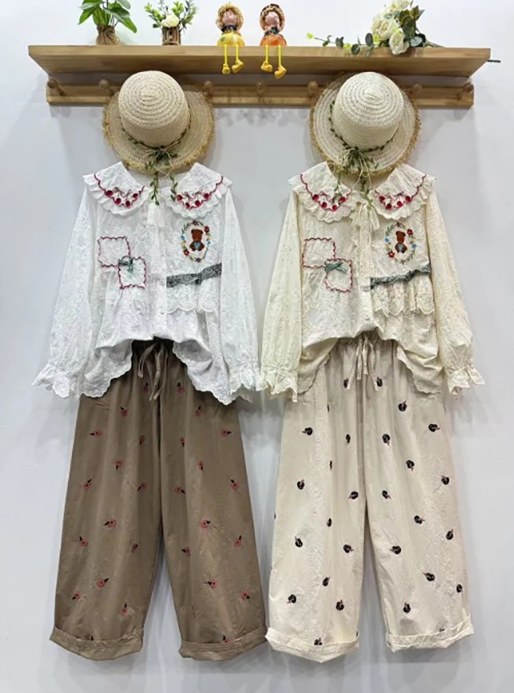 새로운 2025 여름 코튼 스트레이트 바지, 여성 탄성 허리 자수, 모리 걸 다목적 캐주얼 INS 루즈 한 바지 B54022CC