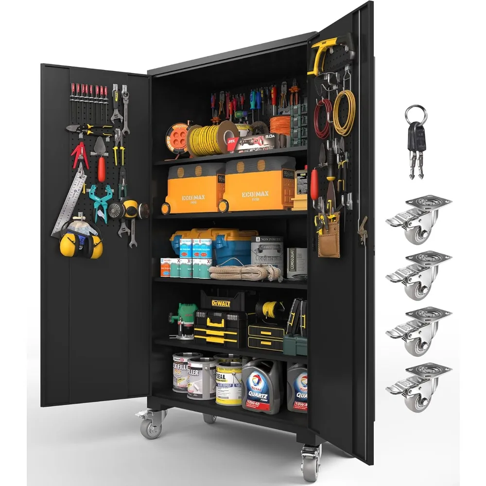 

Storage Cabinet with Doors & 4 Adjustable Shelves | Heavy-Duty Black Lockable Garage Cabinet with Wheels & Pegboard