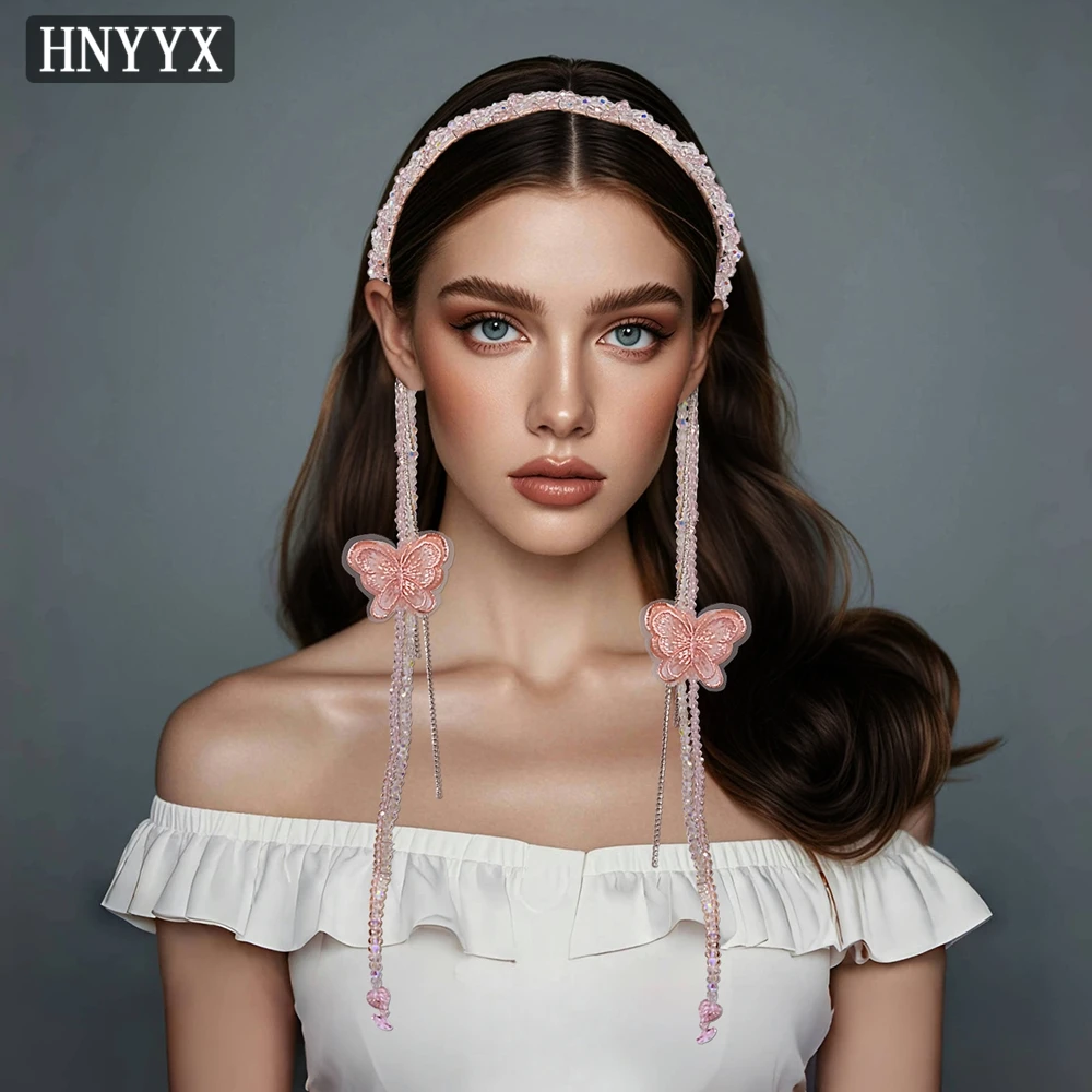 

HNYYX Boho Handmade Crystal Headband Long Tassel Earrings Hair Hoops Pink Sweet Hairband Romantic Princess Hair Accessories A355