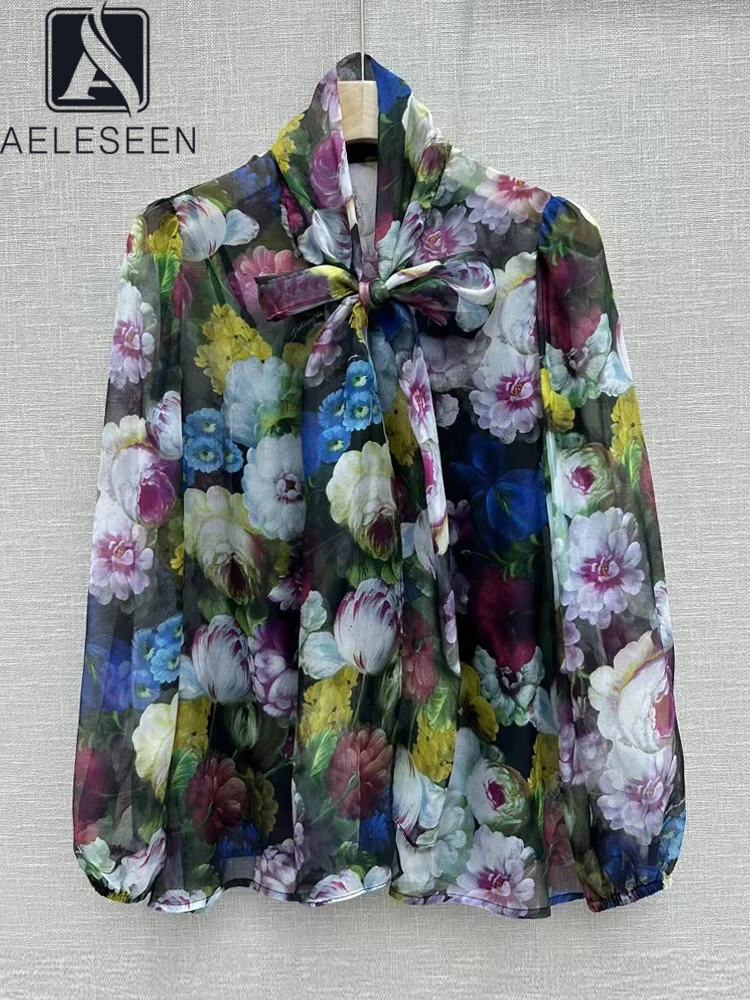 

AELESEEN High Quality 100% Silk Blouse Women Spring Summer Bow Sicilian Colorful Flower Print Lantern Sleeve WIth Lining Shirt