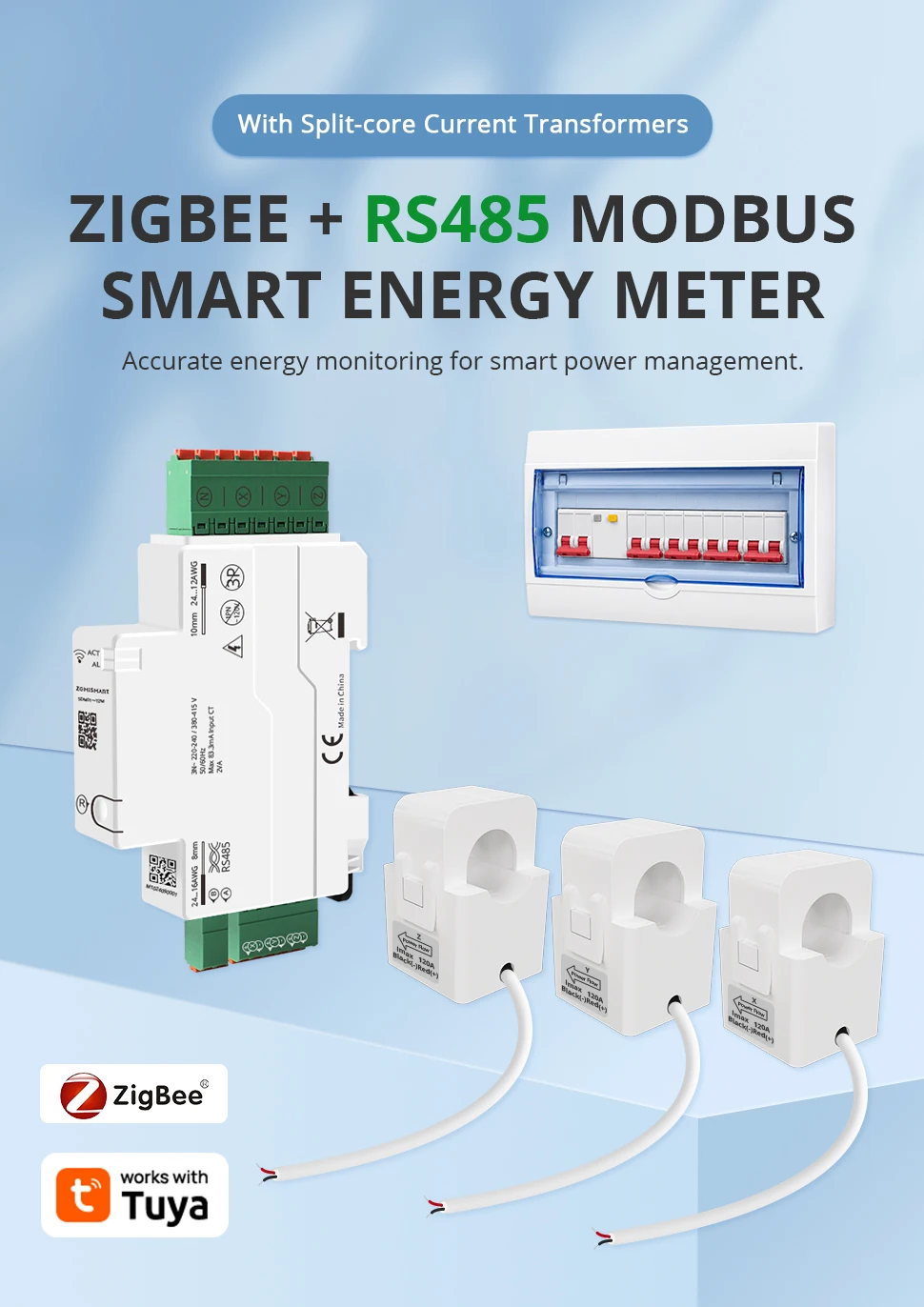 Zemismart 120A Zigbee RS485 Smart Energy Meter 3-Phasen-Leistungsmonitor Kompatibel mit Tuya Herausziehbare Split-Core-CTs 120V 240V – Detail 1