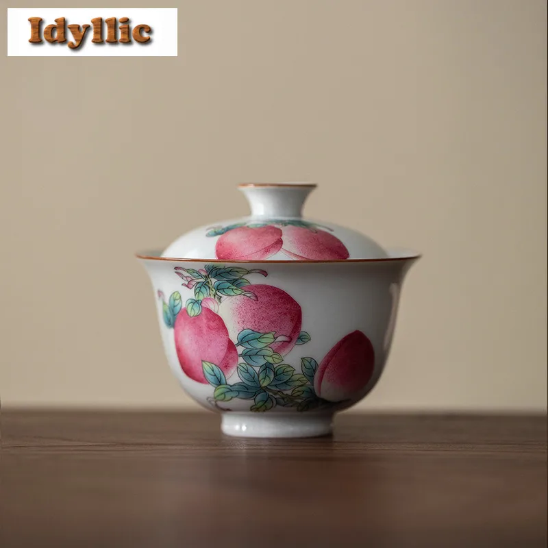 

100ml Antique Blue Longevity Peach Gaiwan Antique Tea Tureen Tea Bowl With Lid Kit Tea Making Cover Bowl Kung Fu Teaset Supplies