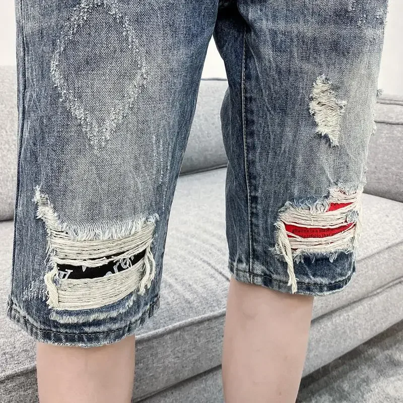 Celana Pendek Denim Pria Lurus Longgar Longgar Setengah Robek Celana Jeans Pendek Pria Panjang Lebar Bermuda dengan Saku Y2k Fashion Populer Xl
