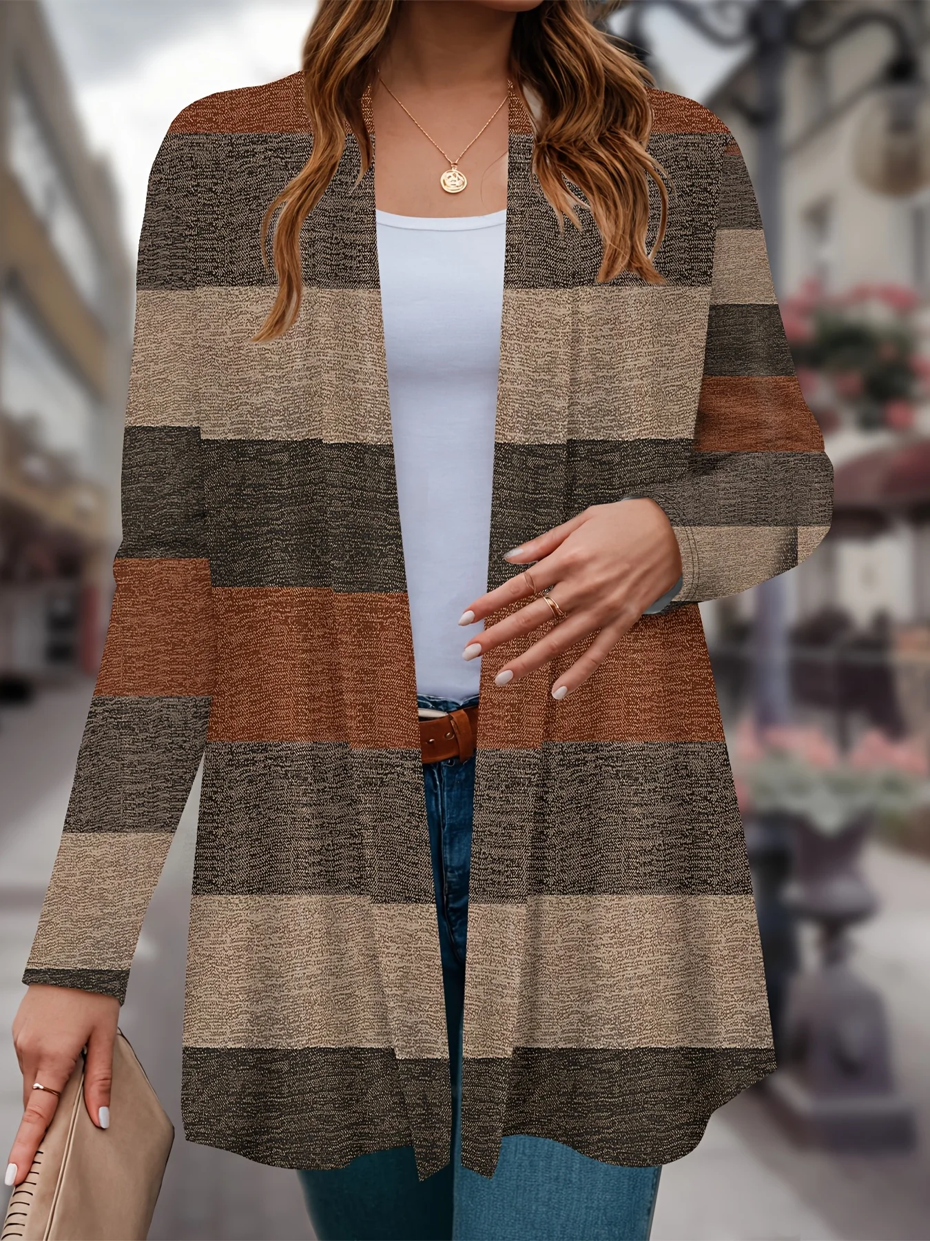 

2025 Women's Striped Printed Long Sleeve Cardigan, Polyester Open Front, Lightweight Cover Up, Spring Autumn Casual Coat