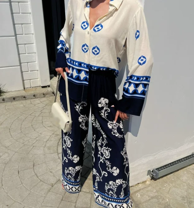 Casual Boho Printed Two Piece Set Fashion Loose Lapel Long Sleeve Single Breasted Shirt High Waist Wide Leg Pants Set For Women