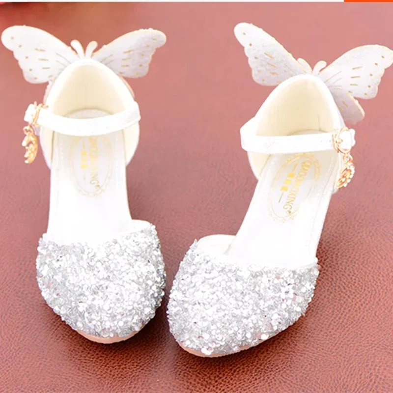 Children Back Bow Wing Dazzling Closed Toe Sandals Pink Silver Princess Cute Shoes Crystal Low Heels Kids Buckle Strap De Tacons