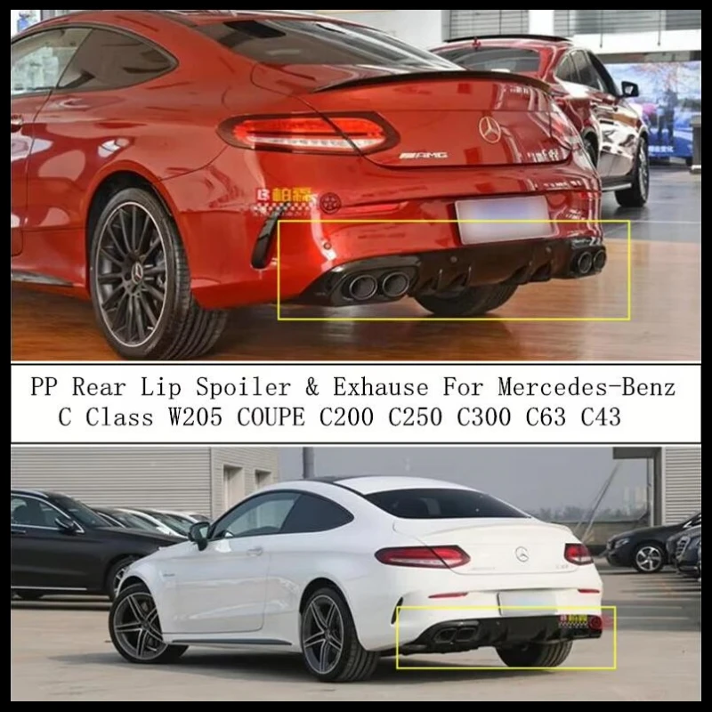 High Quality PP Rear Lip Spoiler & Exhause For Mercedes-Benz C Class W205 COUPE C200 C250 C300 C63 C43 2016-2021 Bumper Diffuser