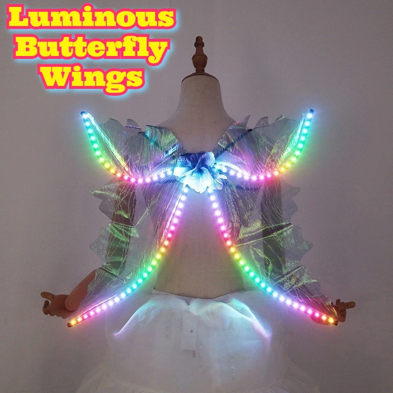 ‌LED Light Up Butterfly Wings Fluorescent Fairy Costume Prop Stage Performance Rave Party Glow Accessories Evening Event Decor