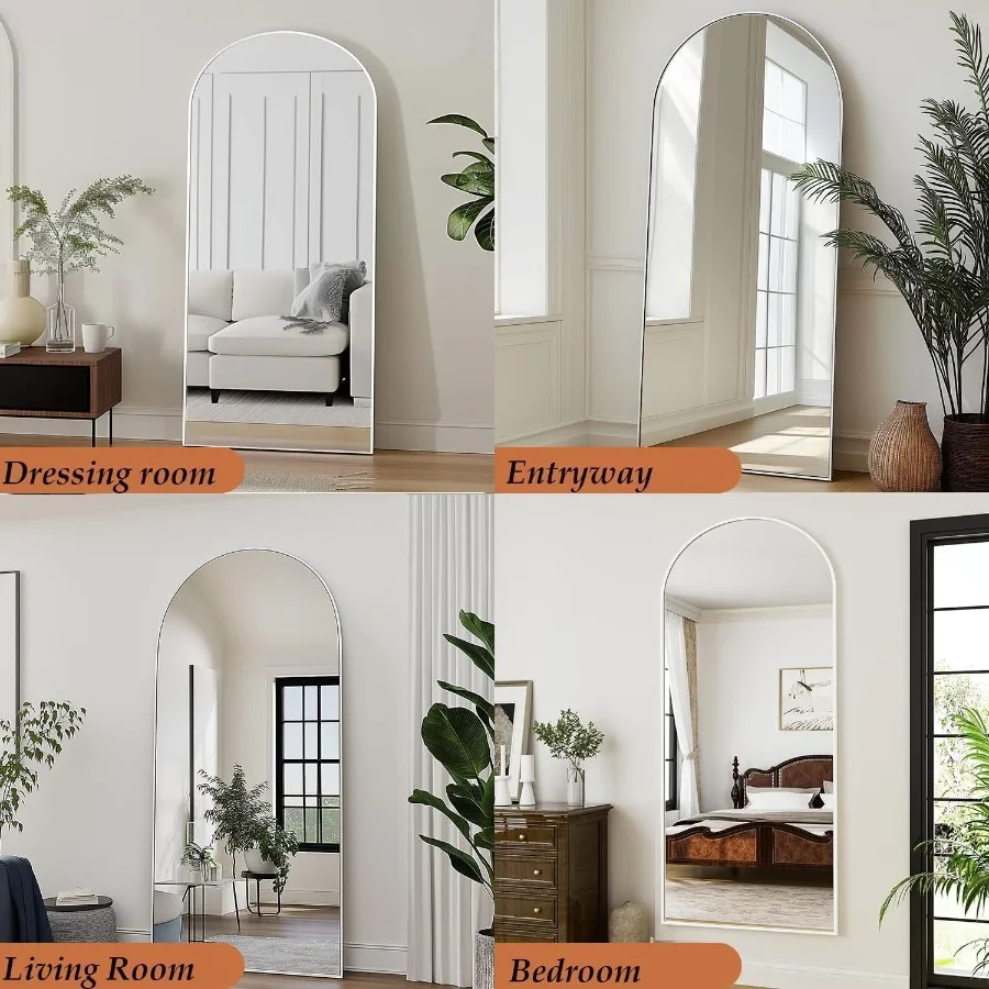 Cermin Lantai Putih Melengkung Ukuran Besar 64X21 dengan Bingkai Paduan Aluminium untuk Berdiri atau Bersandar Ideal untuk Kamar Tidur Li