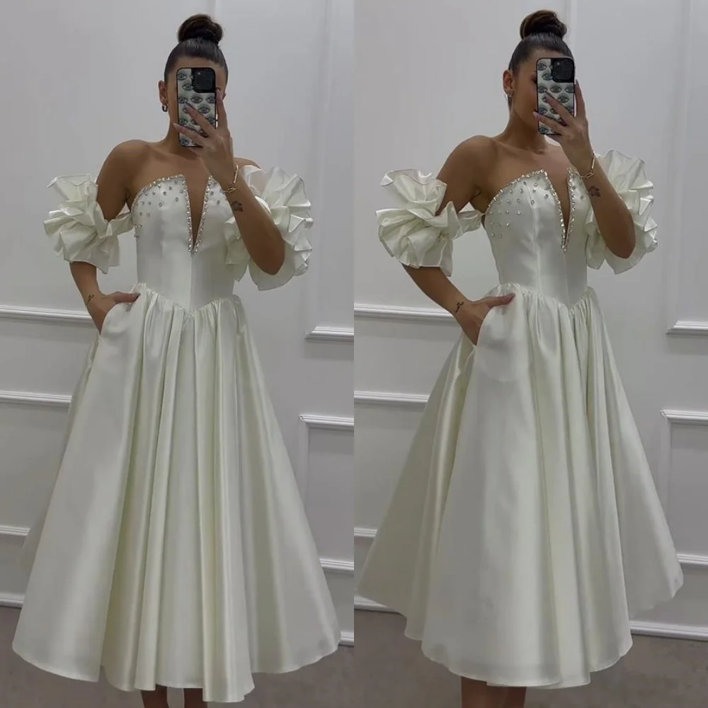 Customized High Quality  Exquisite Strapless A-line Beading Draped Ankle-Length Satin Bespoke Occasion Dresses Evening