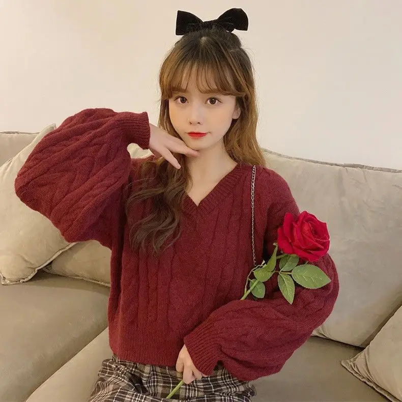 

V-Neck Knitted Pullover Sweater 2024 Autumn Winter Gentle Stylish Solid Color Short Design Outer Wear Women Long-Sleeved Tops